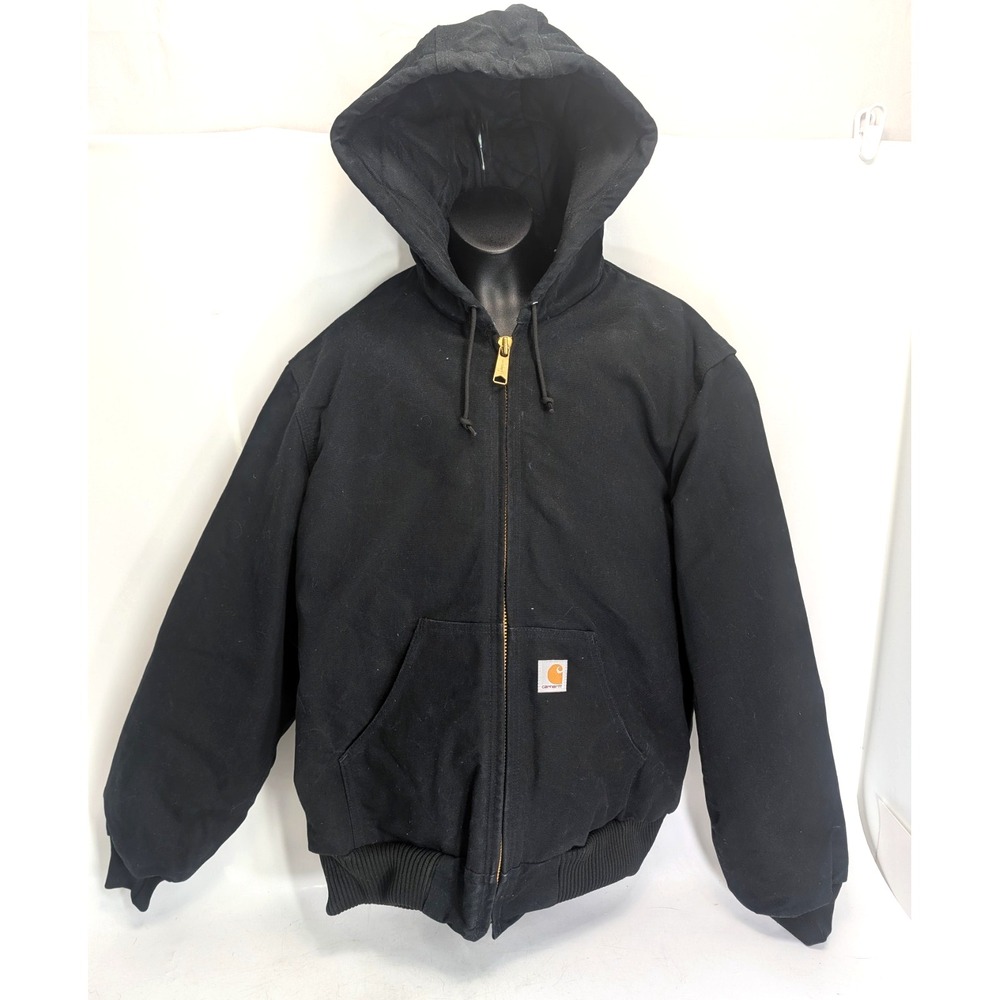 Vintage Carhartt J140 Black Canvas Duck Quilt Lined Hooded Jacket USA Made